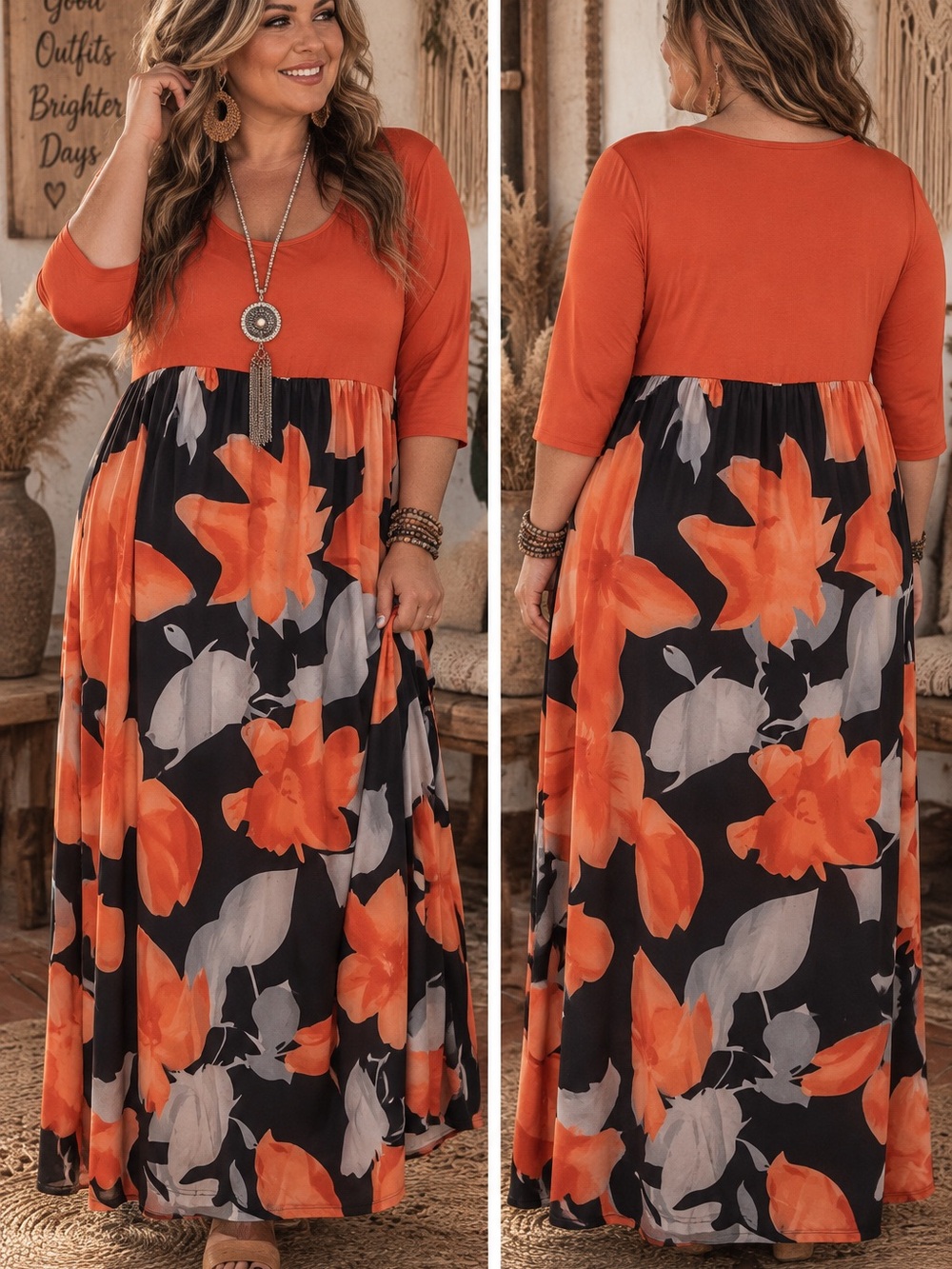 Plus Size Orange Floral Maxi Dress with Black Skirt Panel